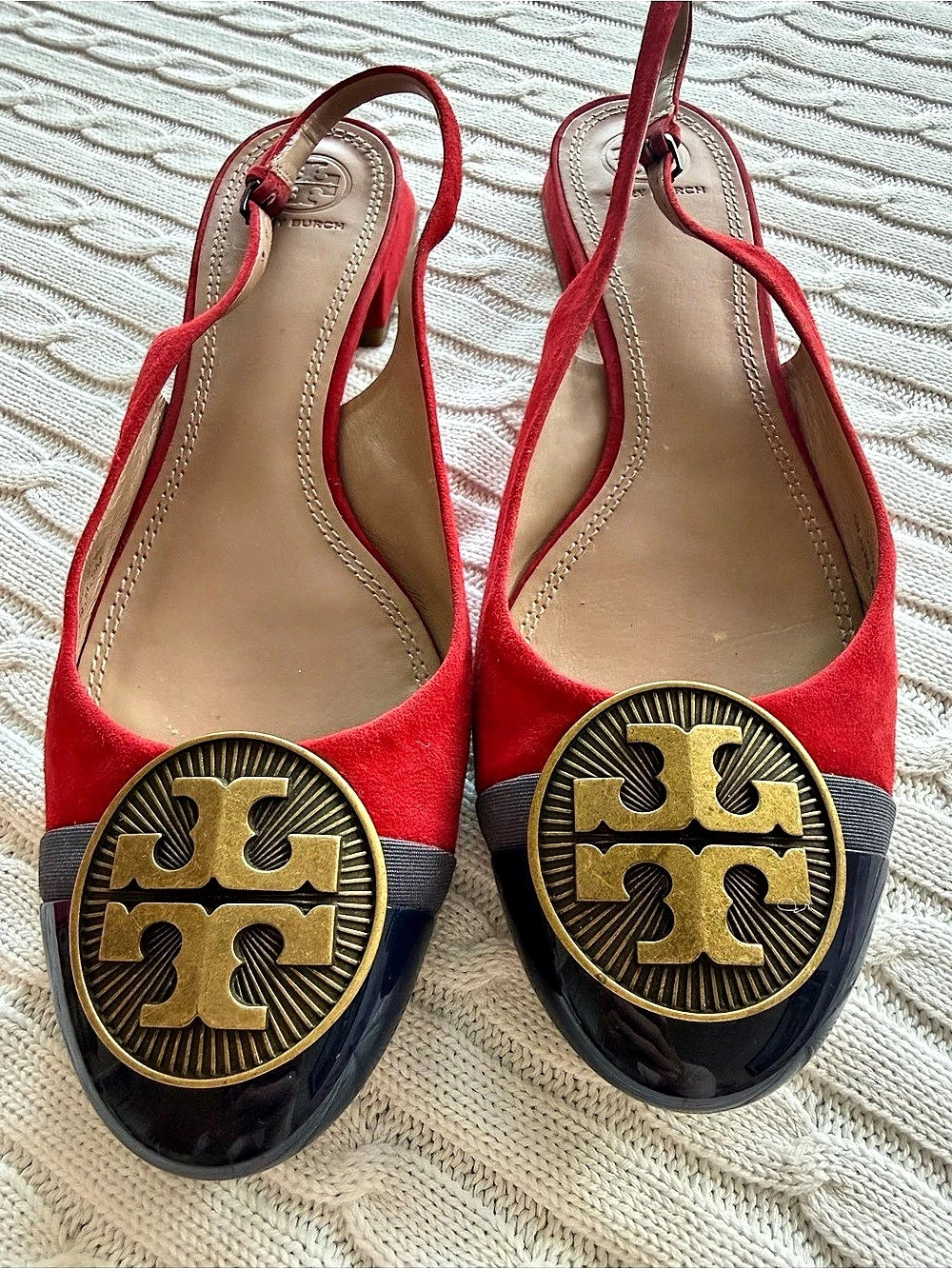 Tory Burch Suede Patent Cap Toe Slingback Flats